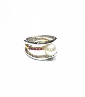 ANILLO PLATA BICOLOR CON PERLA EN EL CENTRO Y PIEDRAS ROSAS, TALLA 11 - SR0951
