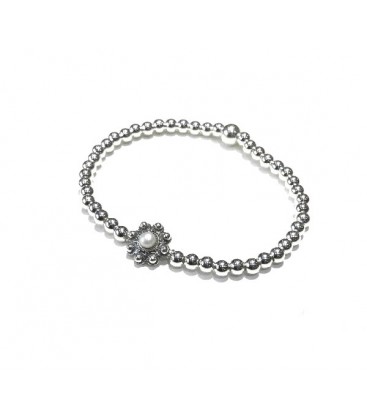 PULSERA BOLITAS PLATA ELASTICA, CENTRO BOTON DE 10MM CON PERLA - S1486-P