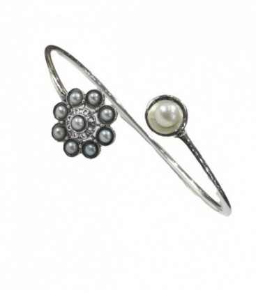 PULSERA PLATA RIGIDA AJUSTABLE CHARRA BOTON 12MM CON PERLAS - S1550