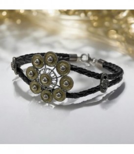 PULSERA CHARRA PLATA Y CUERO BOTON 27MM - S1402D